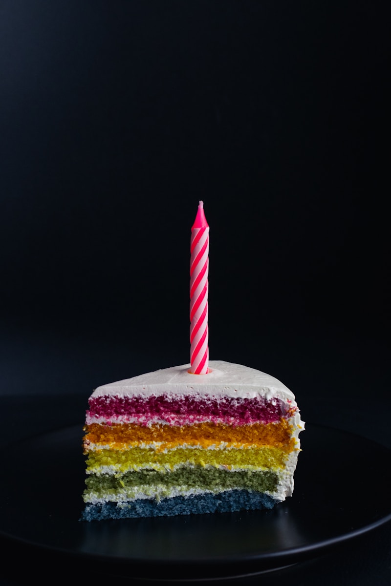 slice of cake with candle on top