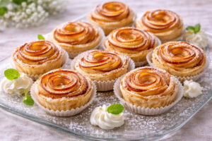 Dessert-Ideen für die Hochzeit: Kleingebäck Apfelrose auf Glasplatte_Rezepte A-B