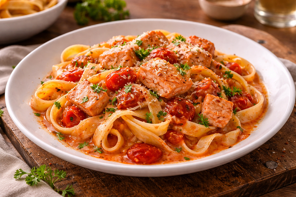 Nudelrezepte_ Lachsnudeln in Tomaten-Weißwein-Sauce